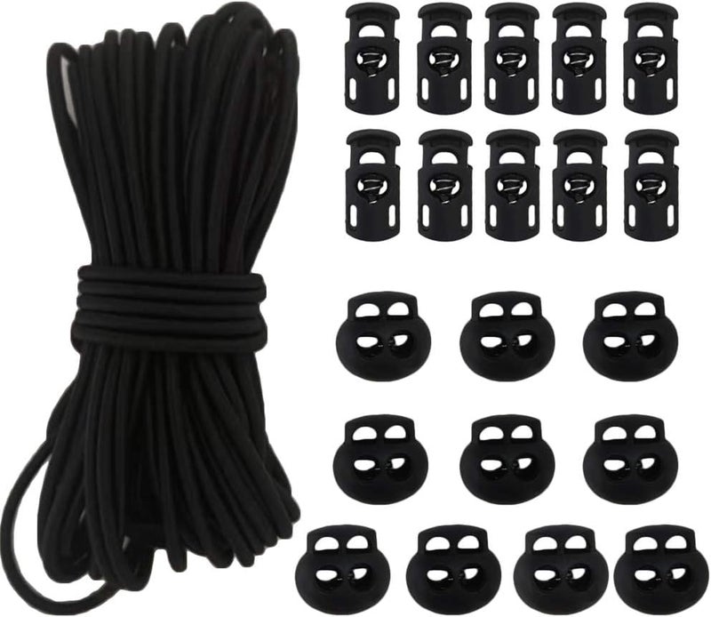Joycoco 20pcs Plastic Cord Locks with 1/8-Inch 50ft Elastic Cord Heavy Stretch Round String, 10Pcs Sing-Hole, 10pcs Double-Hole Spring Toggle Stopper Slider Black (3mm-Black) - Image 1
